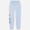 Light grey sweatpants with colorful text on a white background