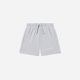 Light gray shorts with a brand logo on a white background
