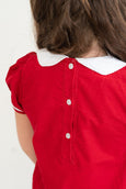 Red dress with white collar and buttons on a plain background