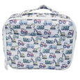 boy's construction vehicle print on a vinyl lunch or toiletry bag