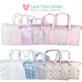 Collection of patterned bags with 'Love That Cotton' branding on a white background