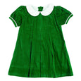 Green corduroy dress with white collar and pleats