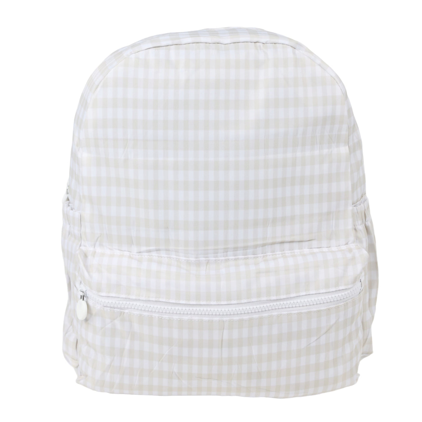 khaki checkered backpack on a white background