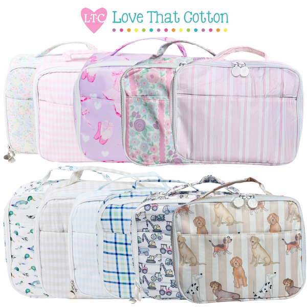 Collection of patterned bags for kids lunch or toiletry use