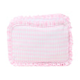 pink gingham vinyl everything bag with ruffled edges and zipper closure