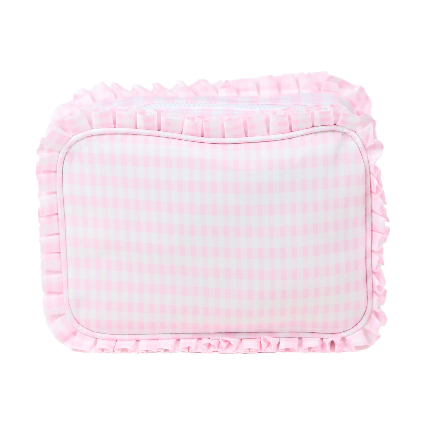 pink gingham vinyl everything bag with ruffled edges and zipper closure