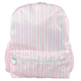 Pink and white striped backpack on a white background