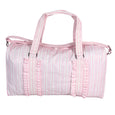 pink stripe vinyl duffle bag with removable shoulder strap