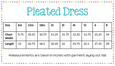 Pleated dress size chart with measurements in inches