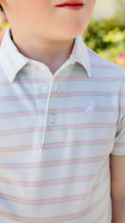 prim and proper polo in buckhead blue, grace bay green and palm beach pink stripes