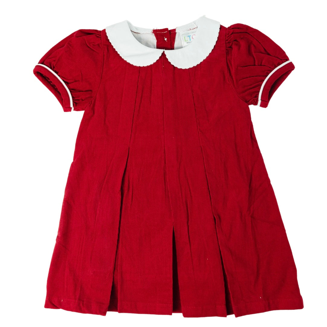 Red corduroy dress with pleats, short sleeves and peter pan collar