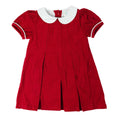 Red corduroy dress with pleats, short sleeves and peter pan collar