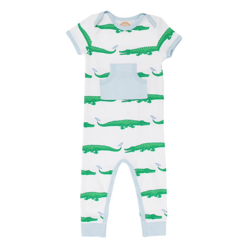 rowdy rugby romper in gator pond pals